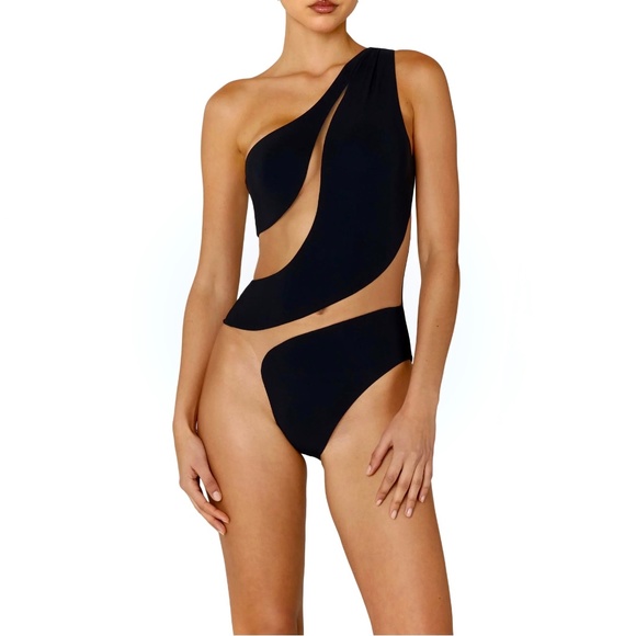 Black One Piece Swimsuit or Summer Top With Mesh Cut Out Details Sz L - Picture 1 of 4